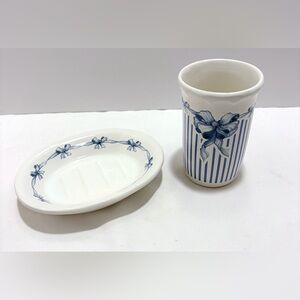 Vintage Blue & White Ribbon Ceramic Tumbler & Soap Dish